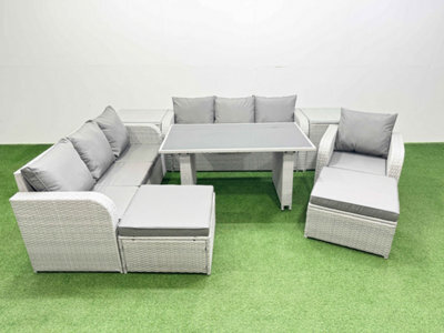 Fimous Rattan Garden Furniture Dining Set 9-Seater Patio Rectangular Table Sofa Set With 2 Side Tables 2 Big Stools Light Grey - image 1