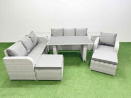 Fimous Rattan Garden Furniture Dining Set 9-Seater Patio Rectangular Table Sofa Set With 2 Side Tables 2 Big Stools Light Grey - thumbnail 2