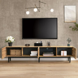 Abrihome Modern Tv Cabinet With Adjustable Led Lighting & Large Storage - Wood-Grain Finish Media Console For Living Room, 175X31X41Cm - thumbnail 4