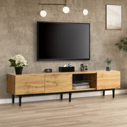 Abrihome Modern Tv Cabinet With Adjustable Led Lighting & Large Storage - Wood-Grain Finish Media Console For Living Room, 175X31X41Cm - thumbnail 3