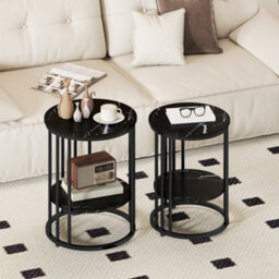 Homcom Marble-Effect Round Coffee Table Set Of 2 For Living Room, Black - thumbnail 1