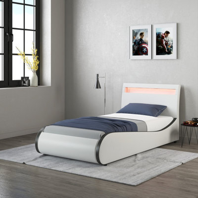 SlumberWorx Orion Led Lights Headboard Gaming Style Faux Leather Single Bed Frame (White With Black) - image 1