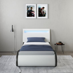 SlumberWorx Orion Led Lights Headboard Gaming Style Faux Leather Single Bed Frame (White With Black) - thumbnail 2