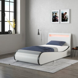 SlumberWorx Orion Led Lights Headboard Gaming Style Faux Leather Single Bed Frame (White With Black) - thumbnail 1