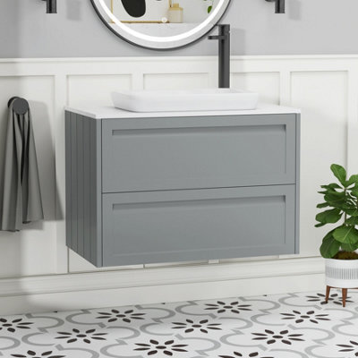 Royal Bathrooms Royal Bathroom Elmore 800mm Matt Pebble Grey Wall Mounted Bathroom Vanity Unit 2 Drawer Plain White Worktop With Qubix Basin - image 1