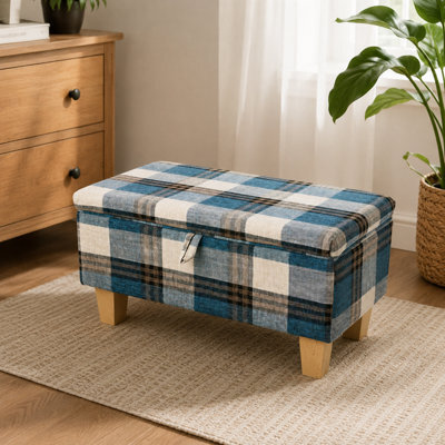 Living And Home Blue Plaid Linen Upholstered Storage Ottoman With Hidden Compartment 71Cm W - image 1