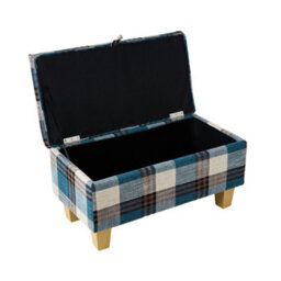 Living And Home Blue Plaid Linen Upholstered Storage Ottoman With Hidden Compartment 71Cm W - thumbnail 4
