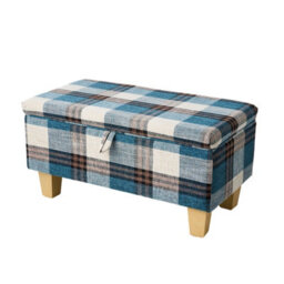 Living And Home Blue Plaid Linen Upholstered Storage Ottoman With Hidden Compartment 71Cm W - thumbnail 3