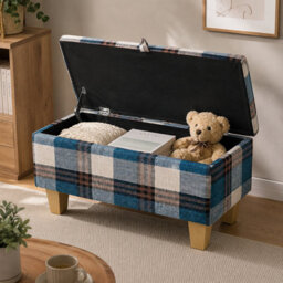 Living And Home Blue Plaid Linen Upholstered Storage Ottoman With Hidden Compartment 71Cm W - thumbnail 2