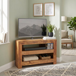 Hommoo Light Mango Wood Corner Tv Cabinet Entertainment Media Unit - thumbnail 3