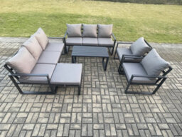 Fimous Aluminium Outdoor Garden Furniture Set 9 Seater Garden Sofa With Oblong Coffee Table Big Footstool Dark Grey - thumbnail 2