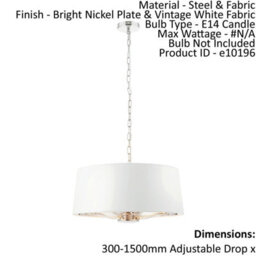 Ceiling Pendant Light Bright Nickel & Vintage White Fabric 3X 40W E14 E10196 - thumbnail 2