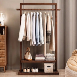 Walnut Heavy Duty Bamboo Clothes Rail Wooden Garment Stand Hanging Rack With Wheels - thumbnail 6