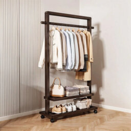 Walnut Heavy Duty Bamboo Clothes Rail Wooden Garment Stand Hanging Rack With Wheels - thumbnail 5