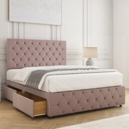 Bsspoke Mulberry Divan Bed Set Pink Plush Velvet 24Inch Headboard & Footboard 2Drawers Footend & Mattress In 4Ft 4Ft6 5Ft 6Ft