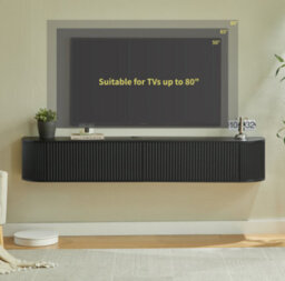 Matteo 180Cm Wall Mounted Floating Tv Cabinet With Fluted Doors - Black - thumbnail 1