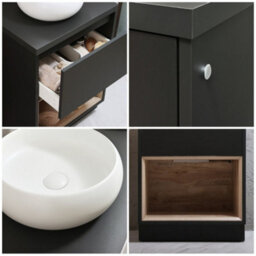 Homestylestore Black Grey 600mm Led Lit Bathroom Vanity Unit Round Chalk Countertop Basin Open Shelf - thumbnail 2