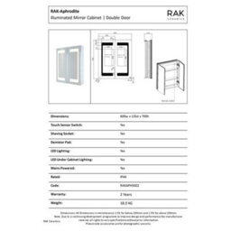 RAK Ceramics Rak Aphrodite 600X700mm Led Illuminated Double Door Bathroom Mirror Cabinet With Demister & Shaving Socket - thumbnail 2
