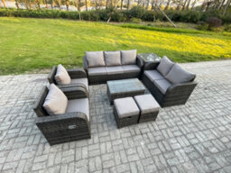 Fimous 9 Seater Rattan Wicker Garden Furniture Patio Sofa Set With Rectangular Coffee Table 2 Small Footstools - thumbnail 2