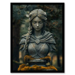 Artery8 Framed Wall Art Norse Shield Maiden Warrior Bust Statue In Forest Print - 12X16 Inch - thumbnail 1