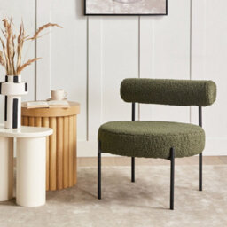 Wyld And Coco Armless Accent Chair Green Boucle Round Seat Black Metal Frame - Compact Retro Armchair - thumbnail 2