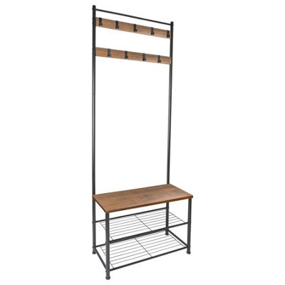 Harbour Housewares Coat Rack With Shoe Storage Bench - Square Steel Frame - Brown Hall Tree Coat Stand With 9 Hooks & Shoe Shelf - image 1
