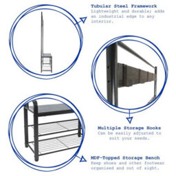 Harbour Housewares Coat Rack With Shoe Storage Bench - Square Steel Frame - Brown Hall Tree Coat Stand With 9 Hooks & Shoe Shelf - thumbnail 2