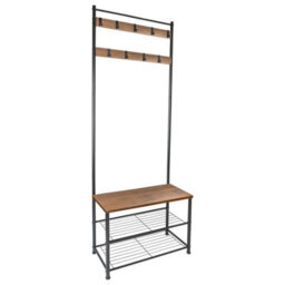 Harbour Housewares Coat Rack With Shoe Storage Bench - Square Steel Frame - Brown Hall Tree Coat Stand With 9 Hooks & Shoe Shelf - thumbnail 1