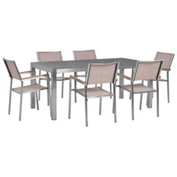Beliani Garden Dining Set 6 Seater Grosseto Granite Polished Grey/ Beige - thumbnail 1