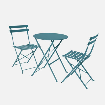 Sweeek - Round Folding Metal Bistro Garden Table With 2 Chairs Duck Blue 60X60X71 Cm - Emilia - image 1