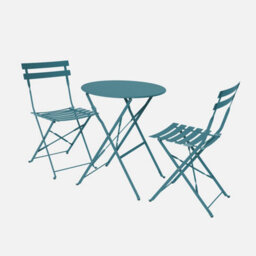 Sweeek - Round Folding Metal Bistro Garden Table With 2 Chairs Duck Blue 60X60X71 Cm - Emilia