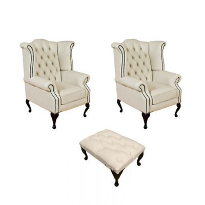 Chesterfield 2 X Wing Chairs + Footstool Cottonseed Cream Leather In Queen Anne Style