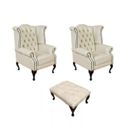 Chesterfield 2 X Wing Chairs + Footstool Cottonseed Cream Leather In Queen Anne Style