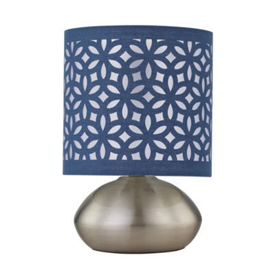 First Choice Lighting Jenson - Brushed Chrome Touch Table Lamp With Navy Blue Cut Out Shade - image 1