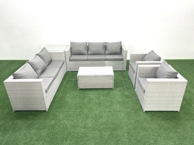 Fimous Outdoor Rattan Sofa Garden Furniture Set 2 Armchairs Oblong Coffee Table Side Table Light Grey - image 1