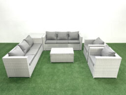Fimous Outdoor Rattan Sofa Garden Furniture Set 2 Armchairs Oblong Coffee Table Side Table Light Grey - thumbnail 2