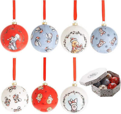 Widdop Gifts Disney Winnie The Pooh Set Of 7 Christmas Baubles - Red Blue White, Medium Spherical Gloss Decorations