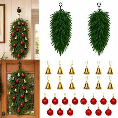 CLEFFNS 2Pcs Christmas Teardrop Swag Decorations, 65Cm Christmas Teardrop Wreath Artificial Pine Needle Hanging Decor, Swag With Ball - image 1