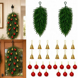 CLEFFNS 2Pcs Christmas Teardrop Swag Decorations, 65Cm Christmas Teardrop Wreath Artificial Pine Needle Hanging Decor, Swag With Ball - thumbnail 1