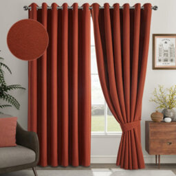Ameha Linen Texture Fabric Rust 100%blackout Curtain 90''x 90'' Pair- 260Gsm Ready Made With Tie Backs,thermal Insulated For Uk - thumbnail 4