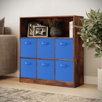 Urbn-Living Urbnliving 94Cm Height 7 Cubed Rustic Brown Wooden Cupboard Bookcase Storage Units Shelves With Dark Blue 6 Drawers - image 1