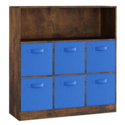 Urbn-Living Urbnliving 94Cm Height 7 Cubed Rustic Brown Wooden Cupboard Bookcase Storage Units Shelves With Dark Blue 6 Drawers - thumbnail 3
