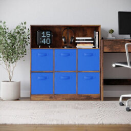 Urbn-Living Urbnliving 94Cm Height 7 Cubed Rustic Brown Wooden Cupboard Bookcase Storage Units Shelves With Dark Blue 6 Drawers - thumbnail 2