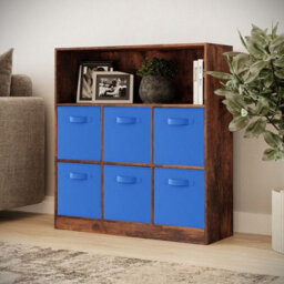 Urbn-Living Urbnliving 94Cm Height 7 Cubed Rustic Brown Wooden Cupboard Bookcase Storage Units Shelves With Dark Blue 6 Drawers