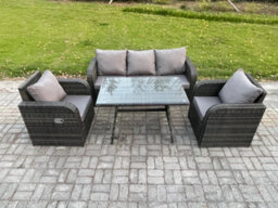 Fimous Rattan Wicker Garden Furniture Patio Conservatory Sofa Set With Rectangular Dining Table Reclining Chair For Balcony