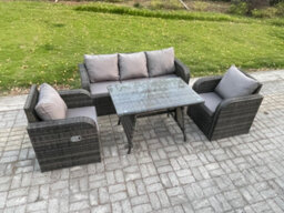 Fimous Rattan Wicker Garden Furniture Patio Conservatory Sofa Set With Rectangular Dining Table Reclining Chair For Balcony - thumbnail 2
