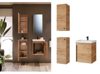 Impact Furniture Wall Hung Bathroom Cabinets 500mm Vanity Unit With Sink Basin And Wall Storage Cabinets Set Oak Effect Slimline Avir - image 1