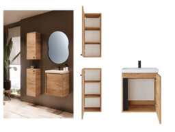 Impact Furniture Wall Hung Bathroom Cabinets 500mm Vanity Unit With Sink Basin And Wall Storage Cabinets Set Oak Effect Slimline Avir - thumbnail 2