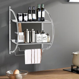 Costway Wall Mounted Towel Rack 2 Tiers Curved Display Organiser Shelving Unit Home - thumbnail 4