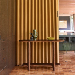 Sweeek - Oval Console With 2 Levels Acacia Wood Walnut Coloured 120X30X75 Cm - Sana - thumbnail 1